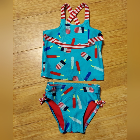 🎁5/$25-2T teal tankini two piece bathing suit,  popsicle pattern - Picture 5 of 10